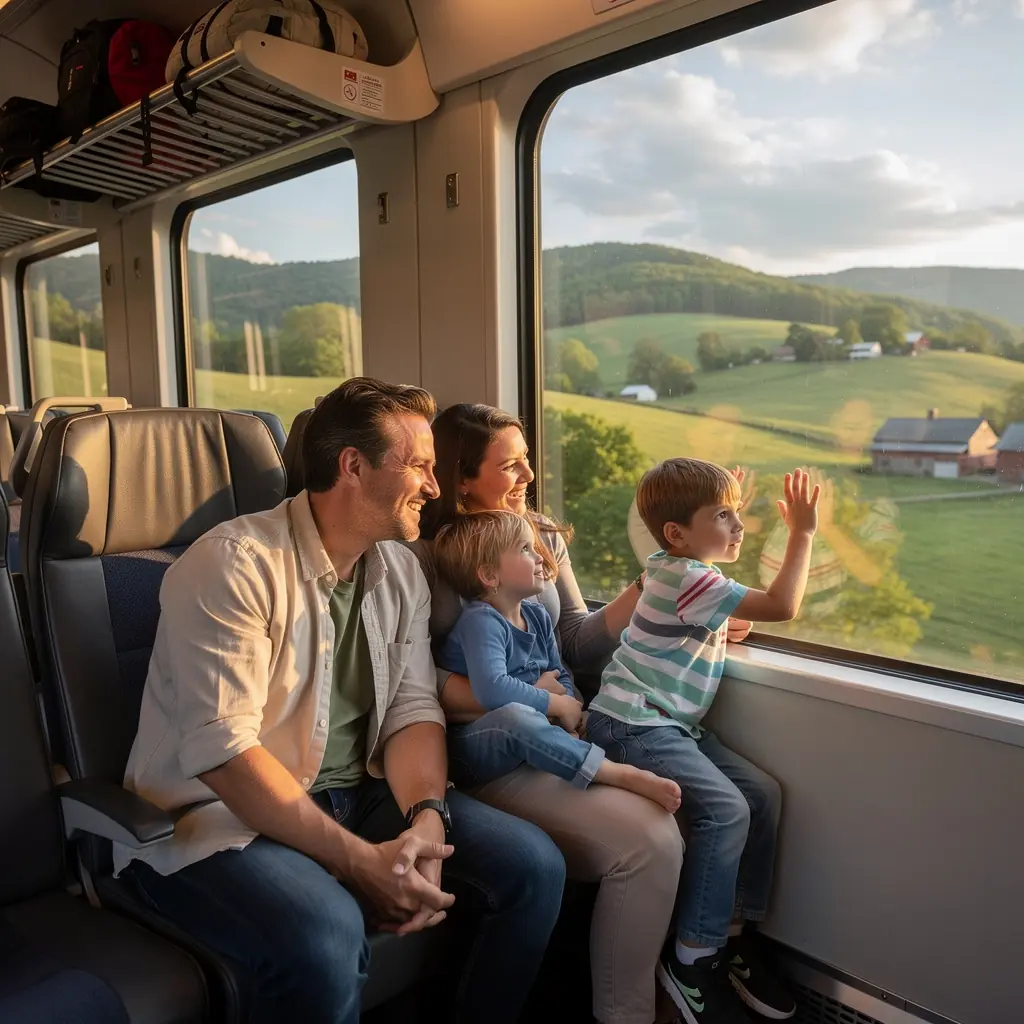 Семья, исследующая городской парк с детскими площадками.